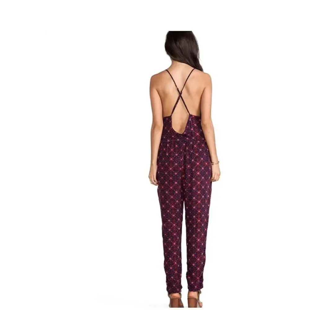 Free People Burgundy Floral Print Spaghetti-Strap Jumpsuit